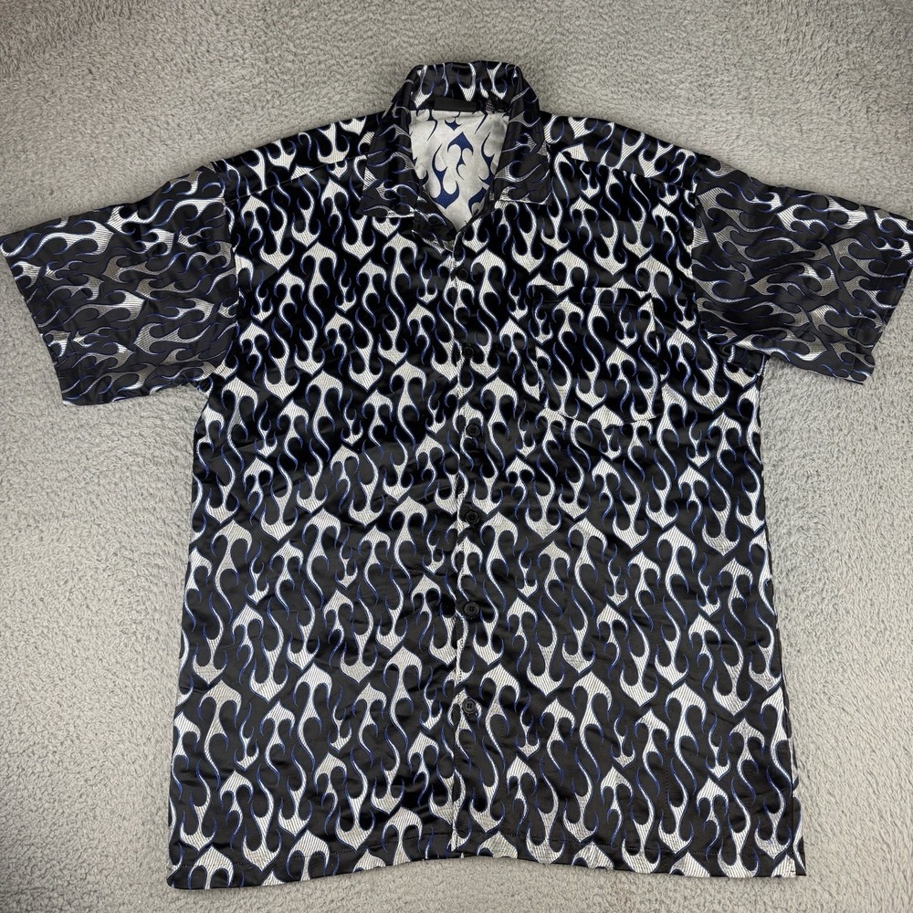 Vintage ODO Metallic Blue‎ Flames Shirt Men's Size Xl Rayon Y2K 90s Hot Topic